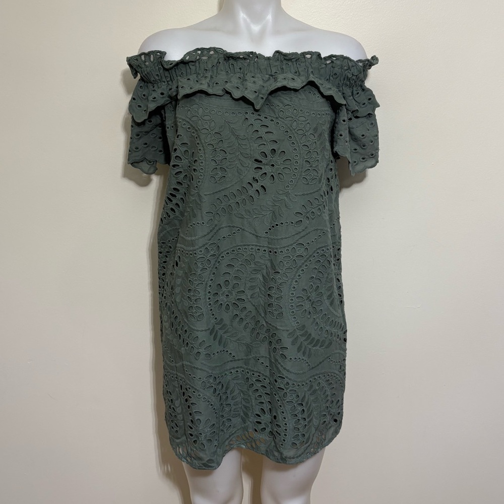 Parker Cathy Eyelet Off-Shoulder Mini Dress Olive Green Size M 100% Cotton